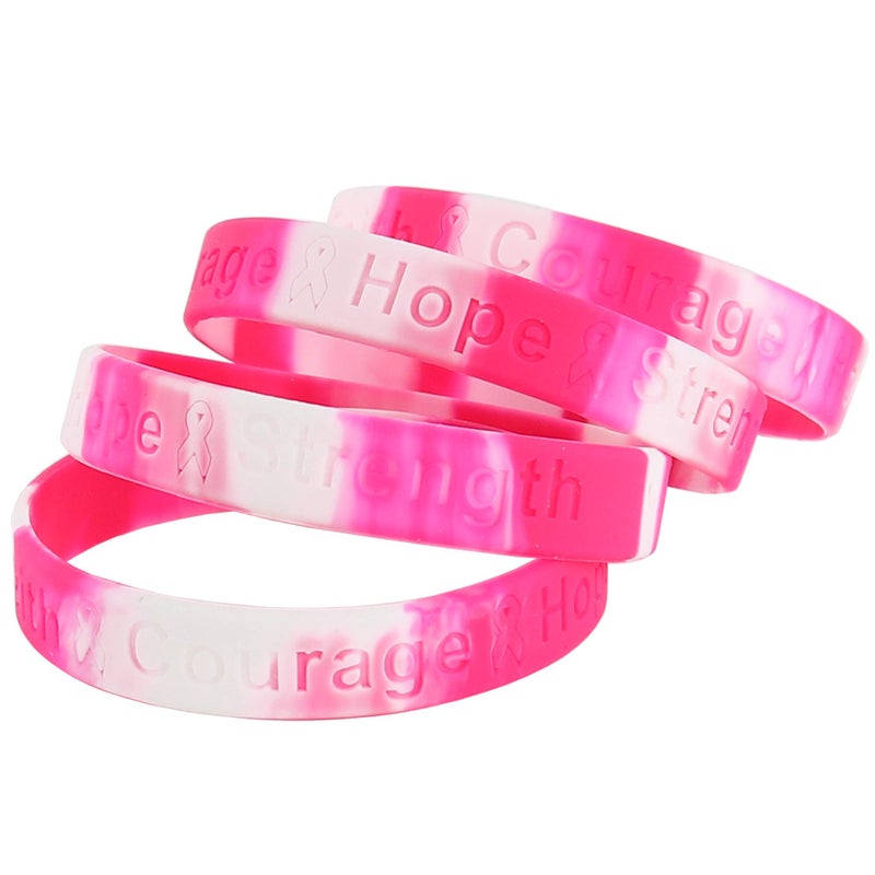 Skeleteen Breast Cancer Awareness Bracelets - Pink Ribbon Camouflage Silicone Rubber Cancer Support Bulk Party Giveaways Favors - Lot of 50 - Image 1